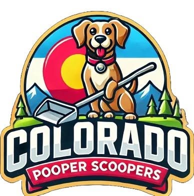 Colorado Pooper Scoopers logo with a cartoon dog holding a poop scoop, mountains and sun, and the text COLORADO POOPER SCOOPERS.