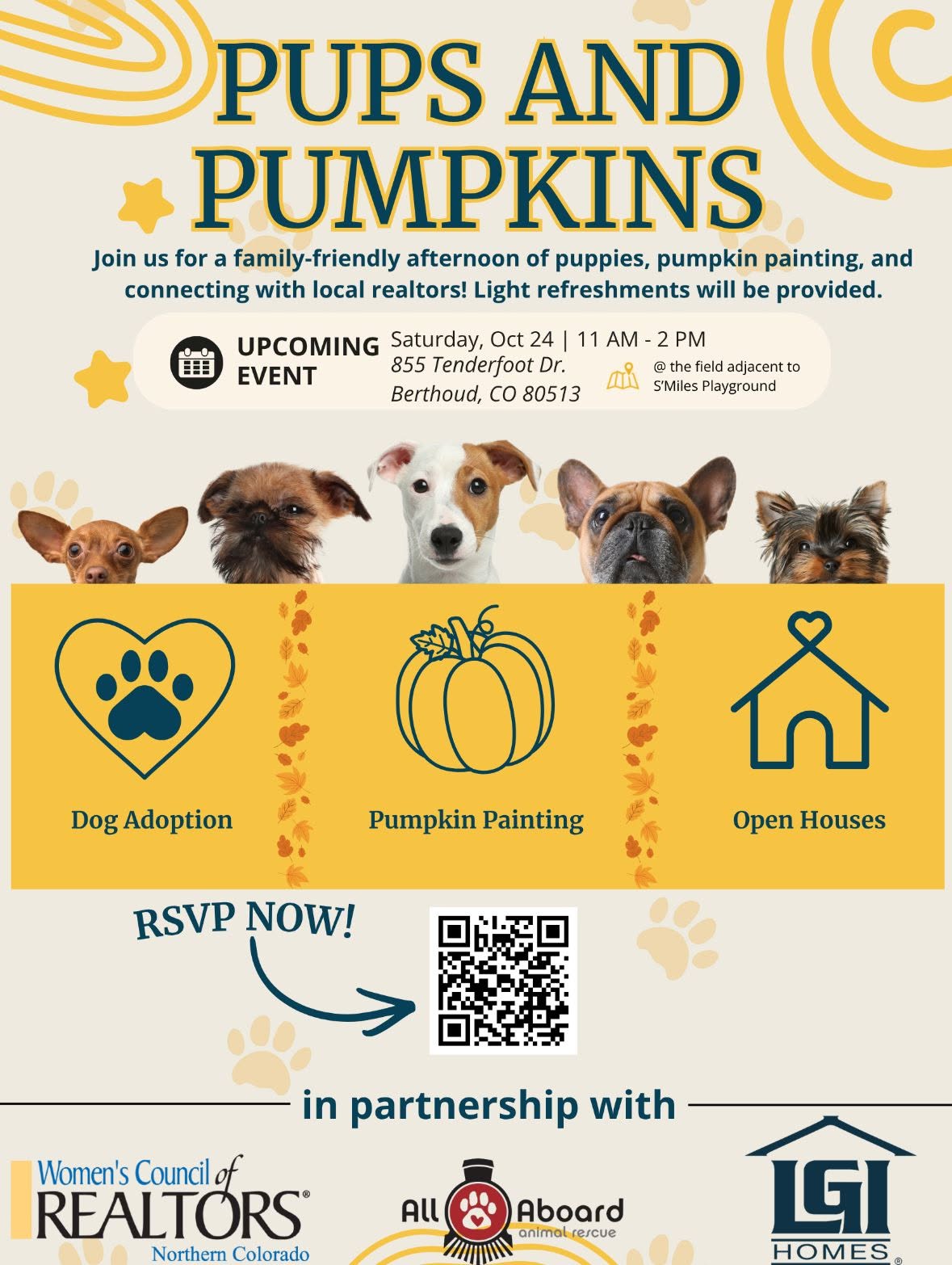 Poster for Pups and Pumpkins family event with dogs, pumpkins, and activity icons: Dog Adoption, Pumpkin Painting, Open Houses; includes QR code for RSVP and event details in Berthoud, CO.